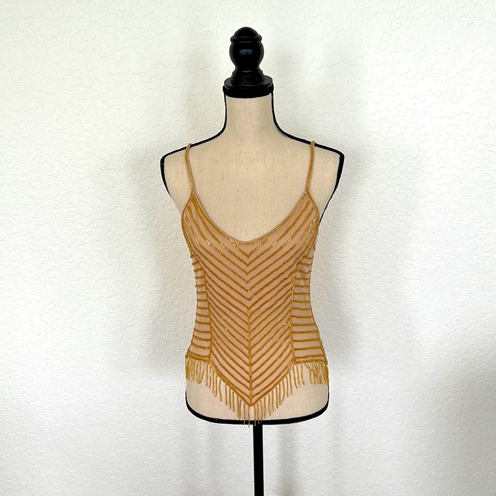 Bebe beaded sheer camisole spaghettis strap tank top with fringe size M